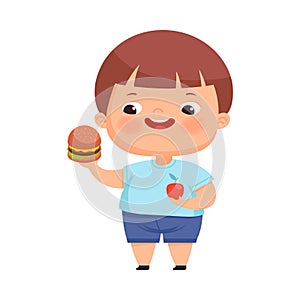 Little Boy with Overweight and Body Fat Holding Apple and Hamburger Vector Illustration