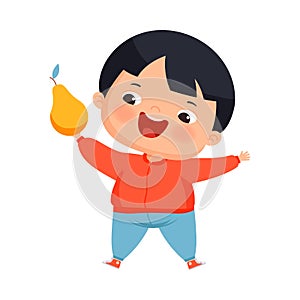 Little Boy with Overweight and Body Fat Holding Pear as Dietary Eating Vector Illustration