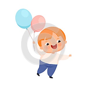 Little Boy with Overweight and Body Fat Holding Toy Balloon Vector Illustration