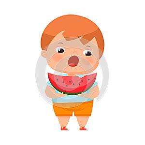 Little Boy with Overweight and Body Fat Holding Watermelon Slice Overeating Vector Illustration