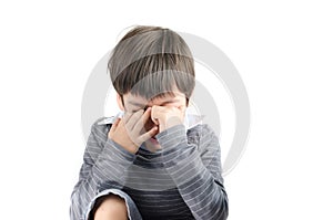 Little boy pain his eyes put finger isolayr on white backgroud