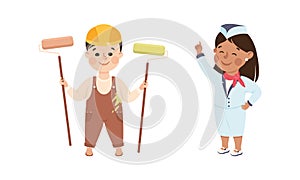 Little Boy with Paint Roller and Girl in Stewardess Uniform Representing Profession Vector Set