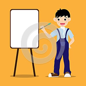 Little boy is painting on paper with hand holding paint brush isolated on background. Vector illustration in cartoon character