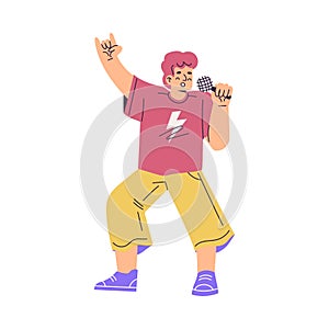 Little Boy with Pink Hair Singing in Rock Band with Microphone Vector Illustration