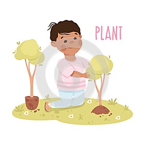 Little Boy Planting Tree Demonstrating Vocabulary and Verb Studying Vector Illustration