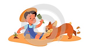 Little boy play with his dog. Happy kid and pet spend time together