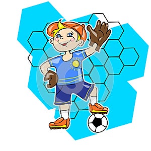 Little boy playing football as a goalkeeper vector