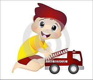 little boy playing with his fire truck toys