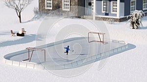 Little boy playing ice hockey at arena near house building with fireplace grill. athlete, child, sport, training 3d render