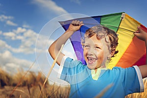 Little Boy Playing Kite Fun Happiness Enjoyment Outdoors Concept