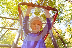 Little boy playing on monkey bars, kids sport