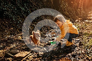 Little boy playing in a muddy puddle with his dog