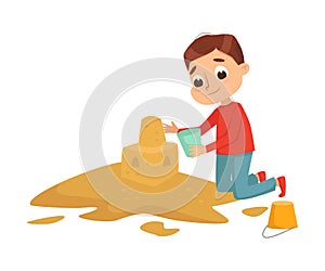 Little Boy Playing on Pile of Sand, Kid Building Sand Castle on Playground Cartoon Style Vector Illustration