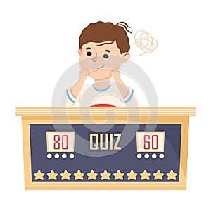 Little Boy Playing Quiz Game or Mind Sport Standing at Press Button Answering Question Vector Illustration