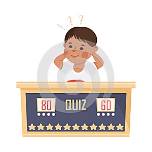 Little Boy Playing Quiz Game or Mind Sport Standing at Press Button Answering Question Vector Illustration