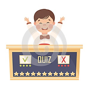 Little Boy Playing Quiz Game or Mind Sport Standing at Press Button Answering Question Vector Illustration