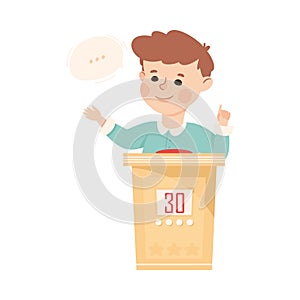 Little Boy Playing Quiz Game or Mind Sport Standing at Press Button Answering Question Vector Illustration