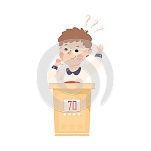 Little Boy Playing Quiz Game or Mind Sport Standing at Press Button Answering Question Vector Illustration