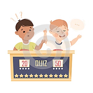 Little Boy Playing Quiz Game or Mind Sport Standing at Press Button Answering Question Vector Illustration