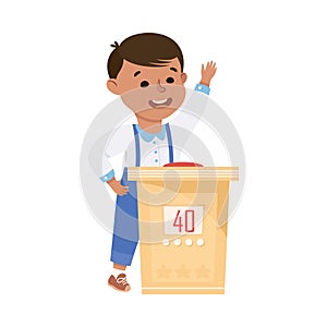 Little Boy Playing Quiz Game or Mind Sport Standing at Press Button Answering Question Vector Illustration