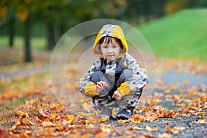 Little boy, playing in the rain in autumn park