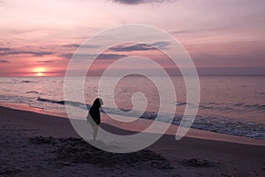 Little boy playing in sand at beach at Baltic Sea at sunset