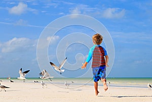 Little boy playing with seagulls on beach