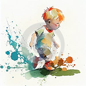 Little boy playing soccer in watercolor style. AI Generated