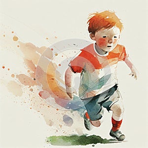 Little boy playing soccer in watercolor style. AI Generated