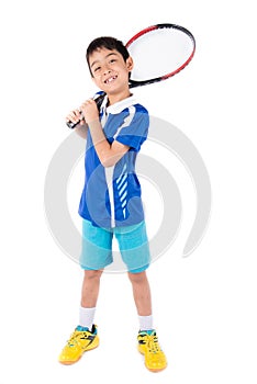 Little boy playing tennis racket and tennis ball in hand