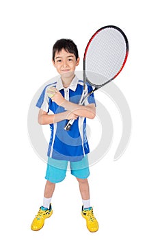 Little boy playing tennis racket and tennis ball in hand