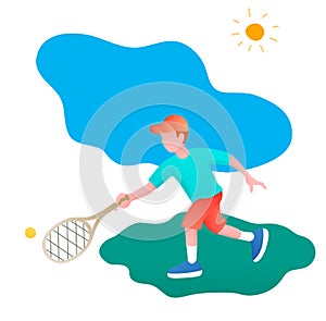 Little boy playing tennis. Vector illustration in a flat style. Isolated on a white background.