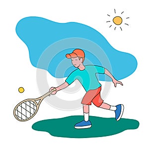 Little boy playing tennis. Vector illustration in a flat style. Isolated on a white background.