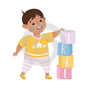 Little boy playing toy blocks. Happy kid playing toys cartoon vector illustration