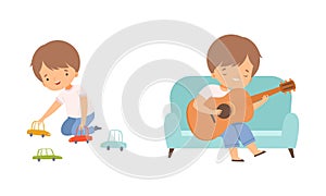 Little Boy Playing Toy Car on the Floor in Playroom and Playing Guitar Sitting on Sofa Vector Set