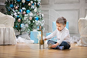 Little boy playing with a toy dinosaur