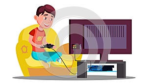 Little Boy Playing Video Games On The Couch Vector. Isolated Illustration