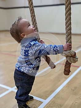 Little boy plays with climbing ropes and gazes upwards