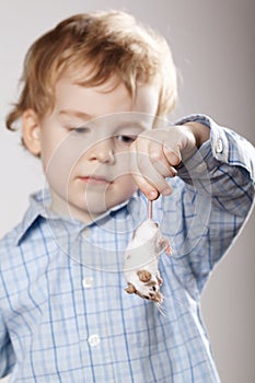 Little boy plays with mouse