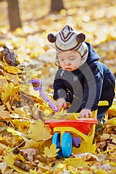 Little boy plays uploading plastic wheelbarrow