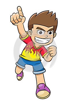 Little boy pointing his finger show no.1 pose cartoon.