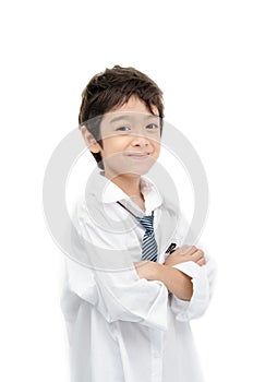 Little boy portrait white shirt on white background