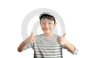 Little boy pose portrait with thump up on white