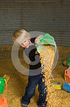 Little boy pouring corn kernels