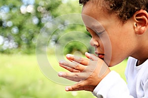 little boy praying to God stock photo