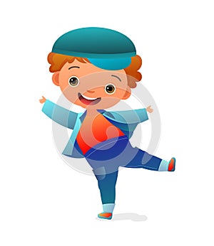 Little Boy preschooler. Person in autumn clothes. In jacket and cap. Cute child. Cheerful funny kid. Baby joy. Cartoon