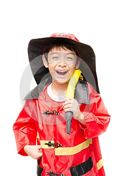 Little boy pretend as a fire fighter