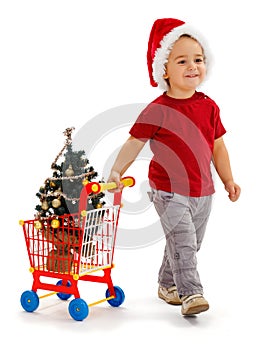 Little boy pulling shopping cart with Xmas tree