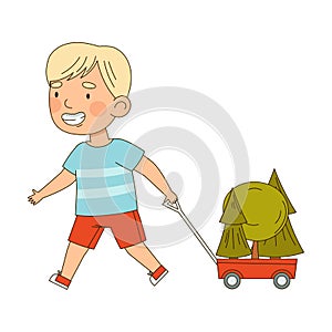 Little Boy Pulling Trolley with Trees Saving Planet Taking Care of Globe Planting Vector Illustration