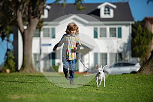 Little Boy Racing the Dog. Lovely Child with Puppy Walking Outdoor.